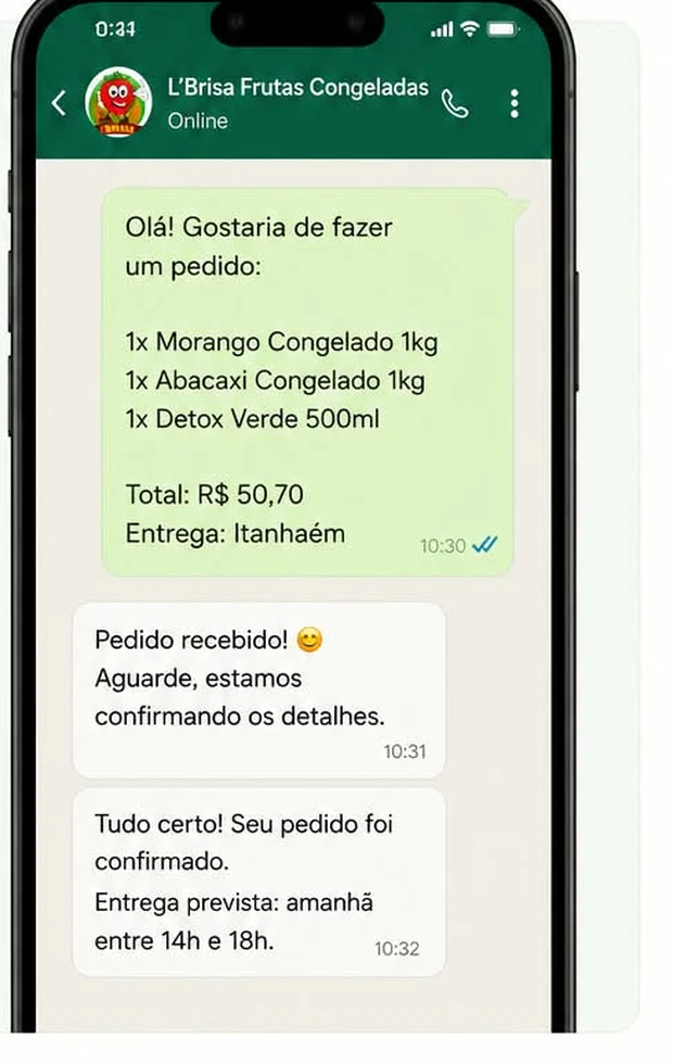Exemplo de pedido da L’Brisa pelo WhatsApp